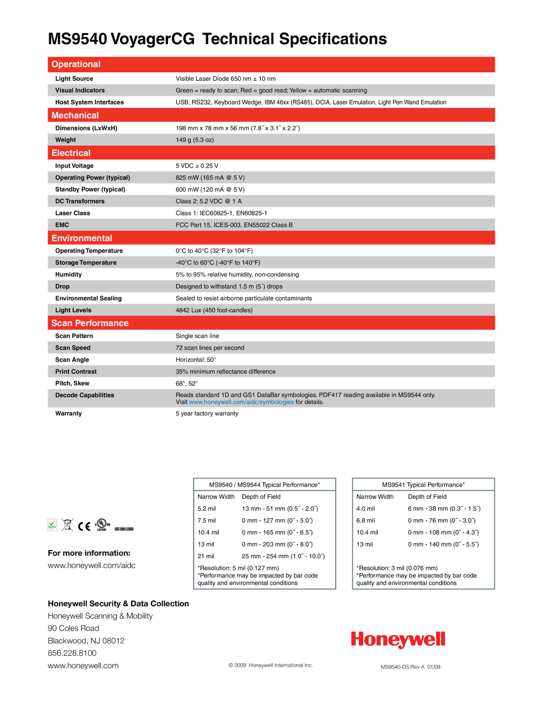 Honeywell manual MS9540 VoyagerCG Technical Specifications 