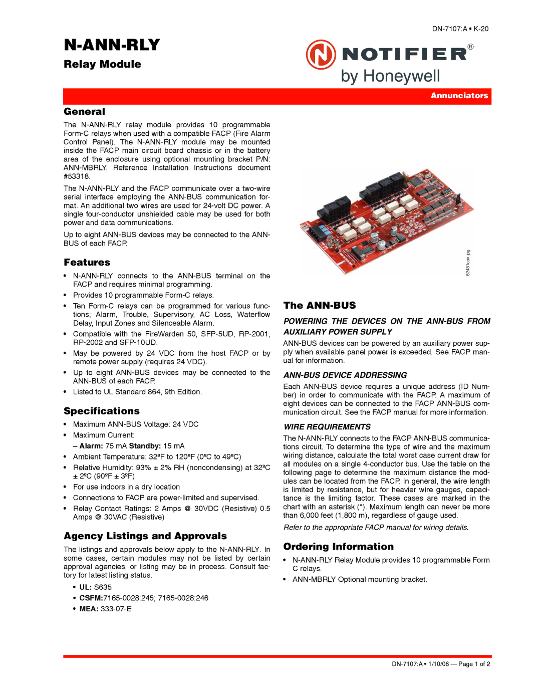 Honeywell N-ANN-RLY specifications General, Features, Specifications, Agency Listings and Approvals, Ann-Bus 