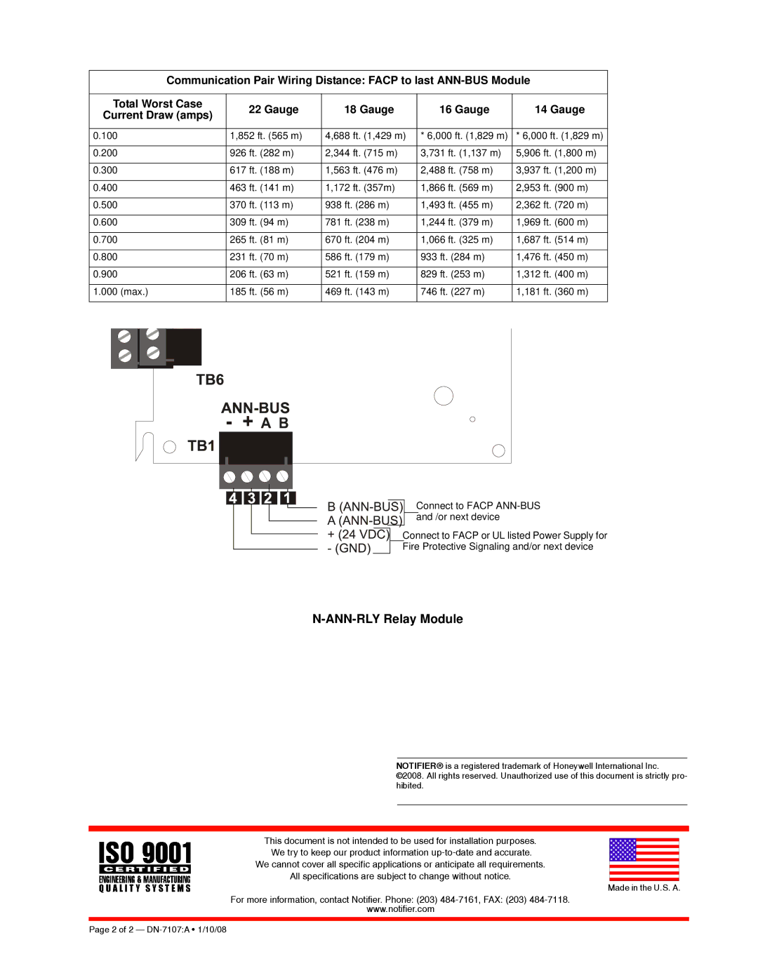 Honeywell N-ANN-RLY specifications ANN-RLY Relay Module, Current Draw amps 