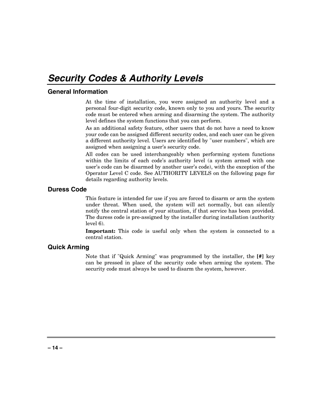 Honeywell N7003V3 manual Security Codes & Authority Levels, Duress Code, Quick Arming 