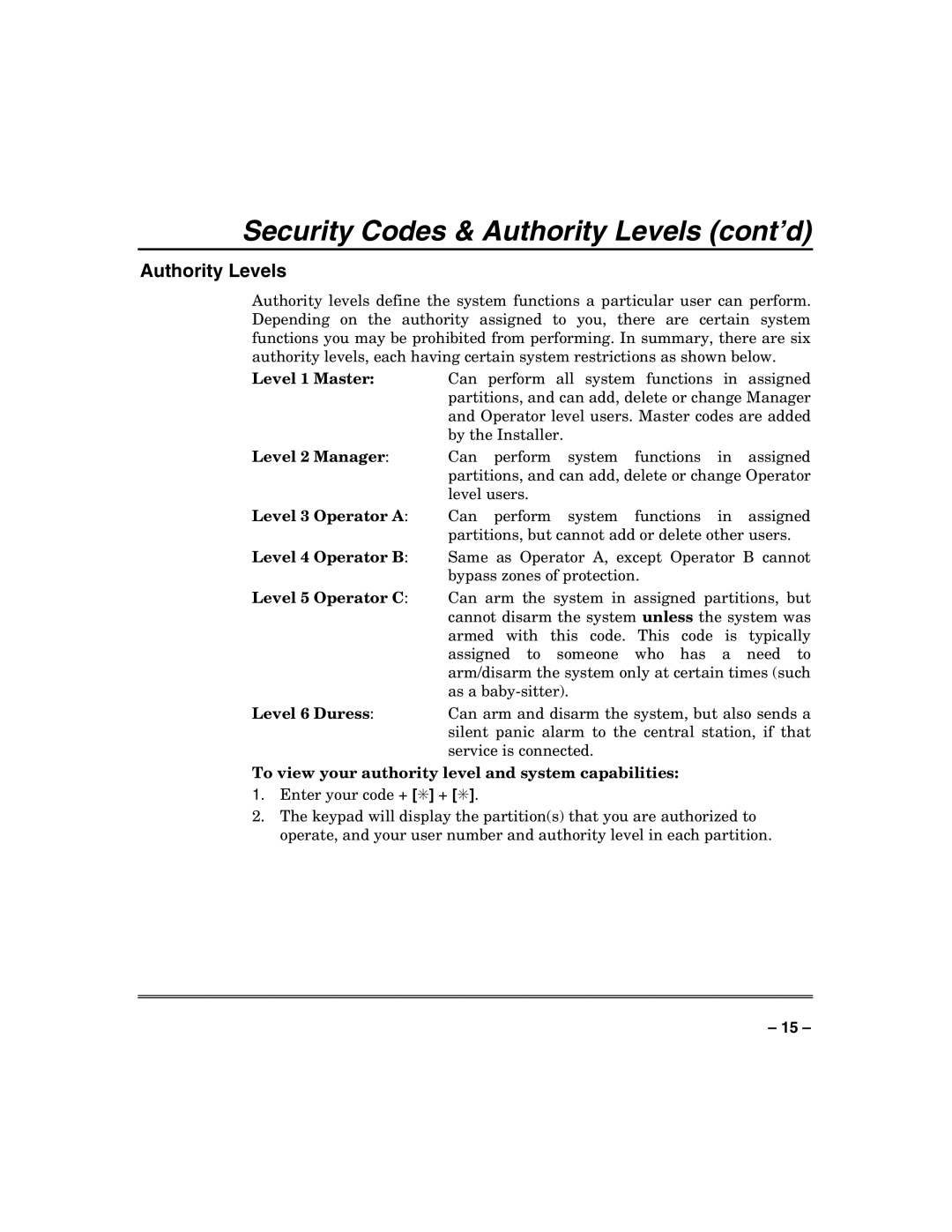 Honeywell N7003V3 manual Security Codes & Authority Levels cont’d 