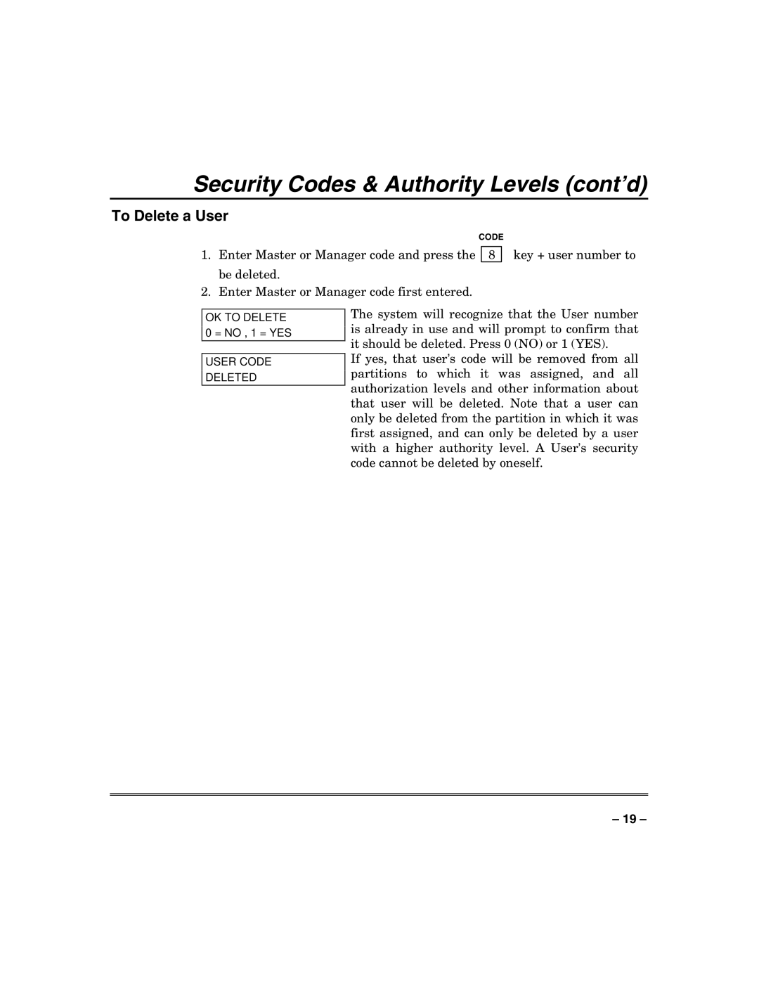 Honeywell N7003V3 manual To Delete a User 