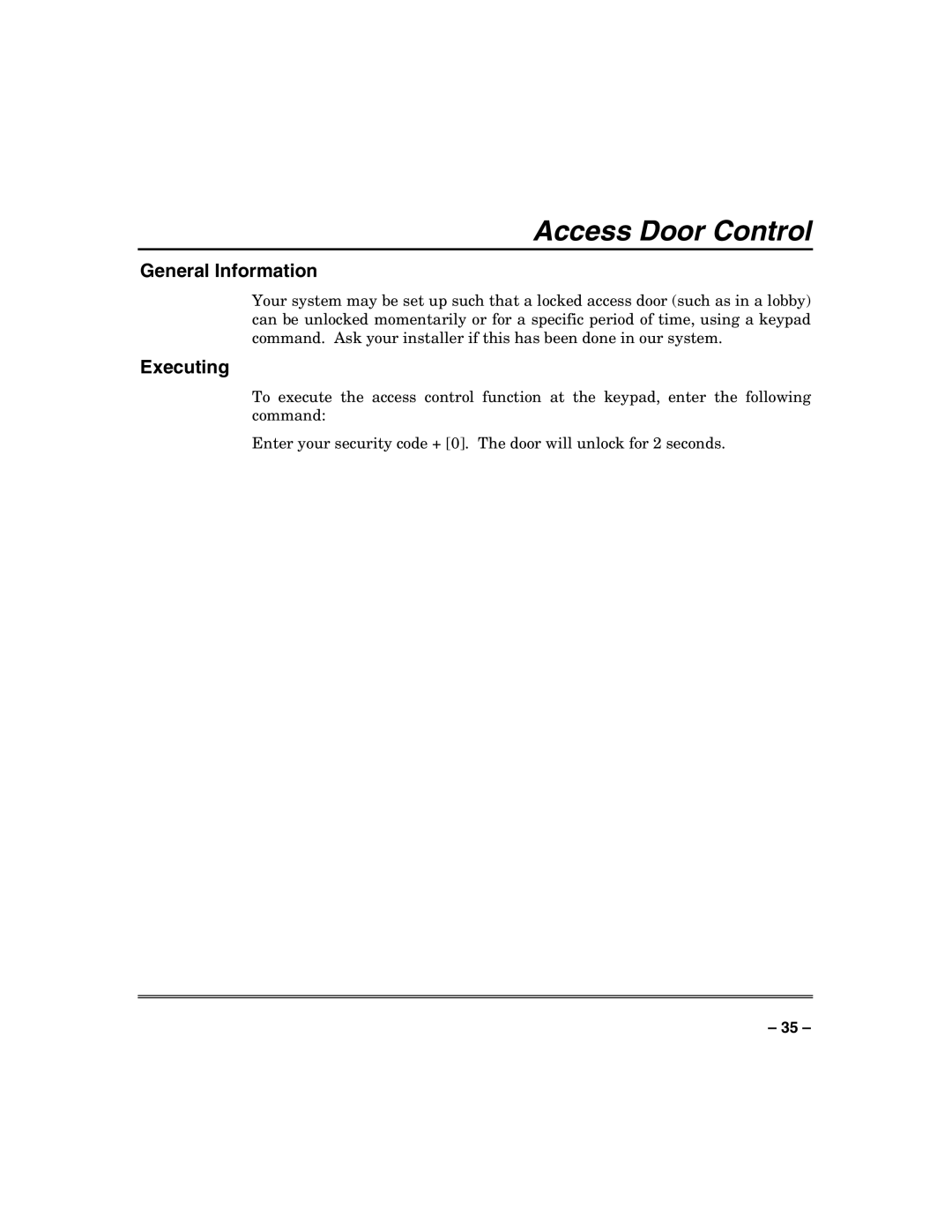 Honeywell N7003V3 manual Access Door Control, Executing 