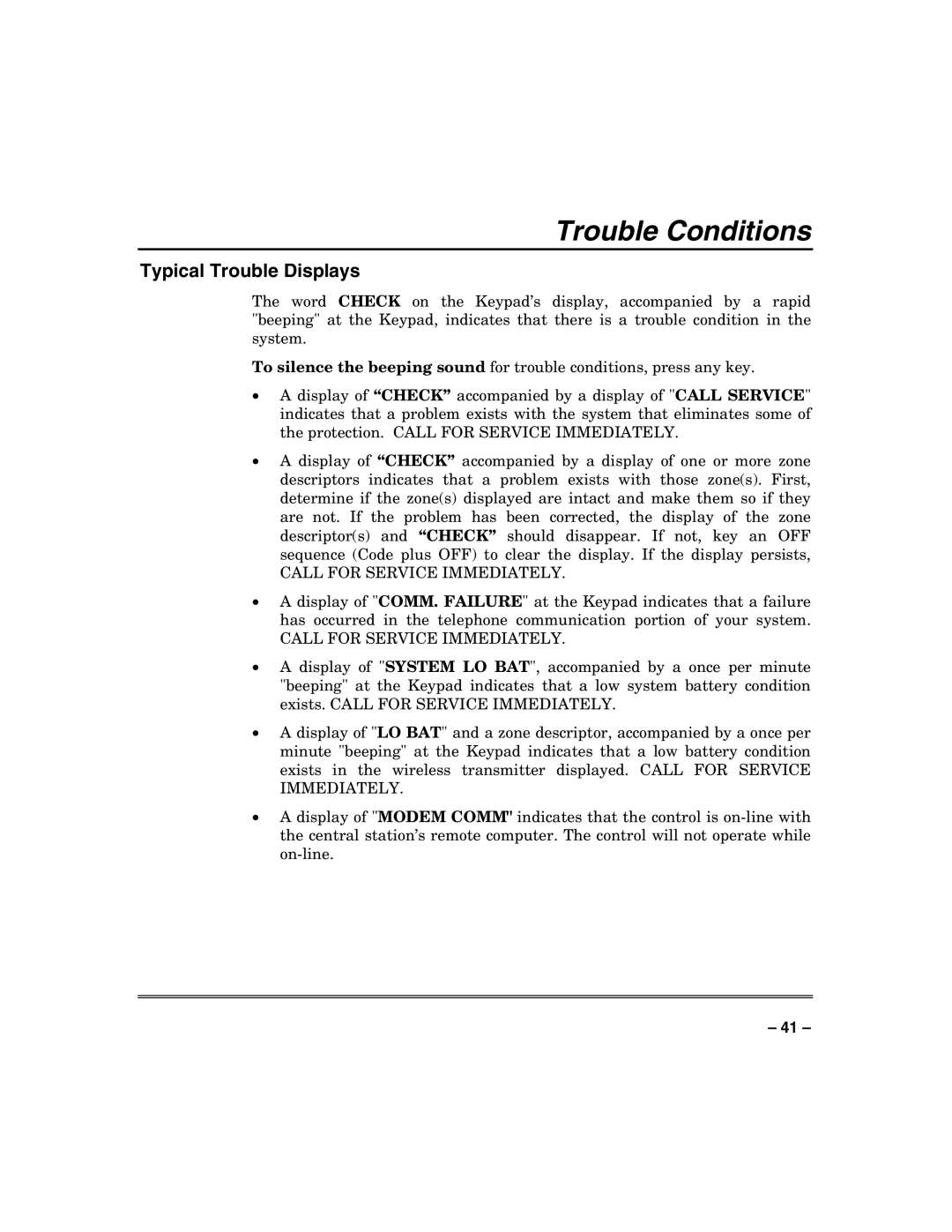 Honeywell N7003V3 manual Trouble Conditions, Typical Trouble Displays 