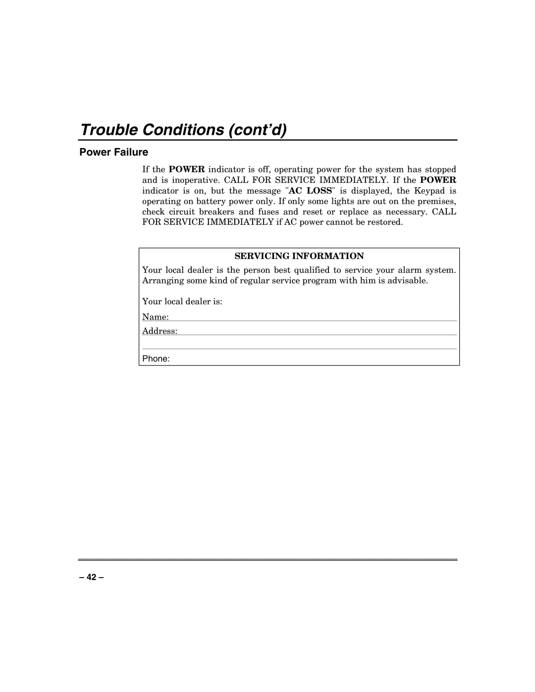 Honeywell N7003V3 manual Trouble Conditions cont’d, Power Failure 