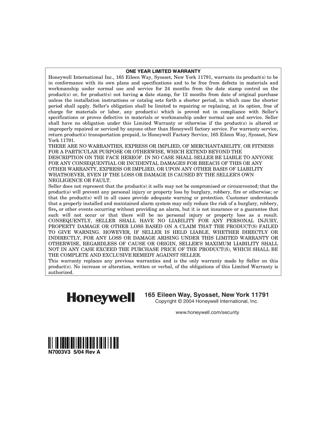 Honeywell N7003V3 manual ¬19l 