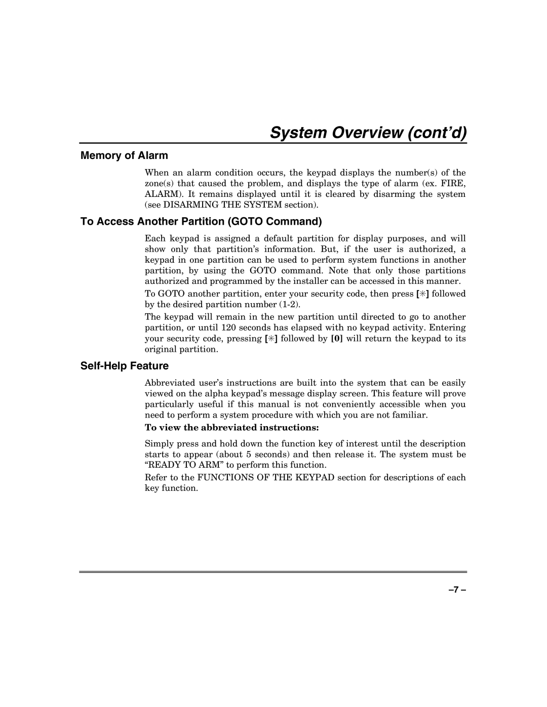 Honeywell N7003V3 manual Memory of Alarm, To Access Another Partition Goto Command, Self-Help Feature 