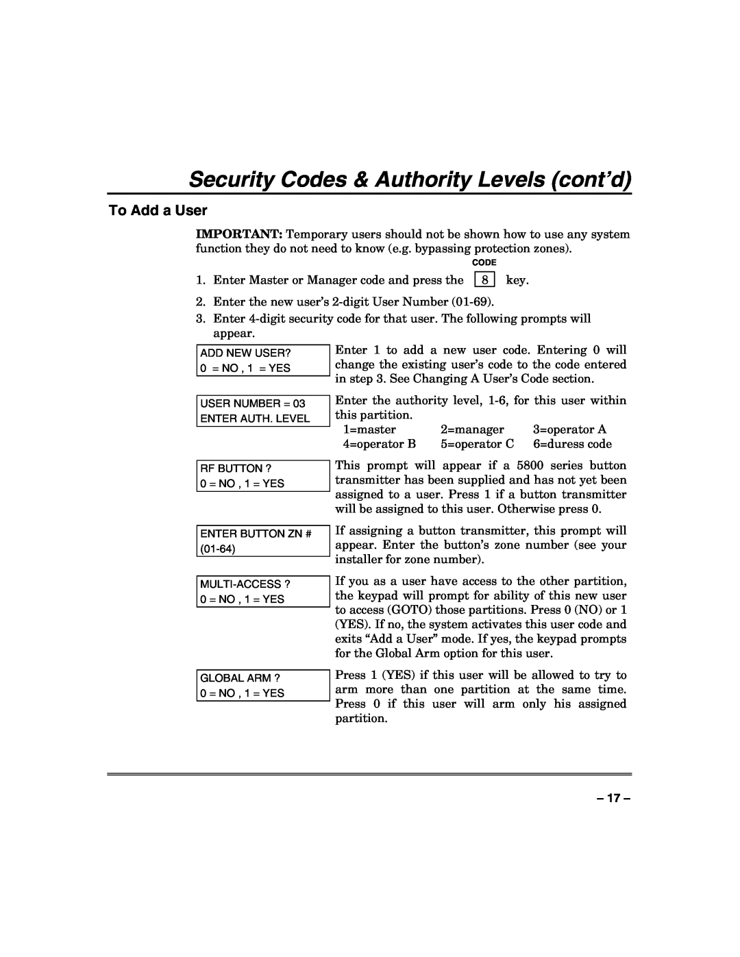 Honeywell N7003V3 manual To Add a User, Security Codes & Authority Levels cont’d 