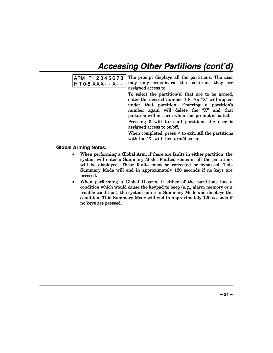 Honeywell N7003V3 manual Accessing Other Partitions cont’d, Global Arming Notes 