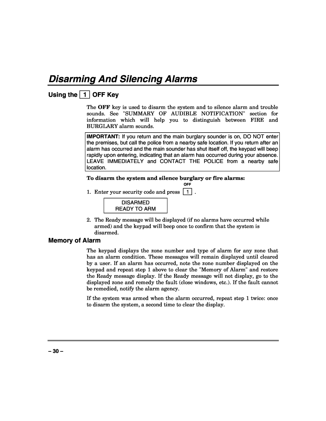 Honeywell N7003V3 manual Disarming And Silencing Alarms, Using the 1 OFF Key, Memory of Alarm 