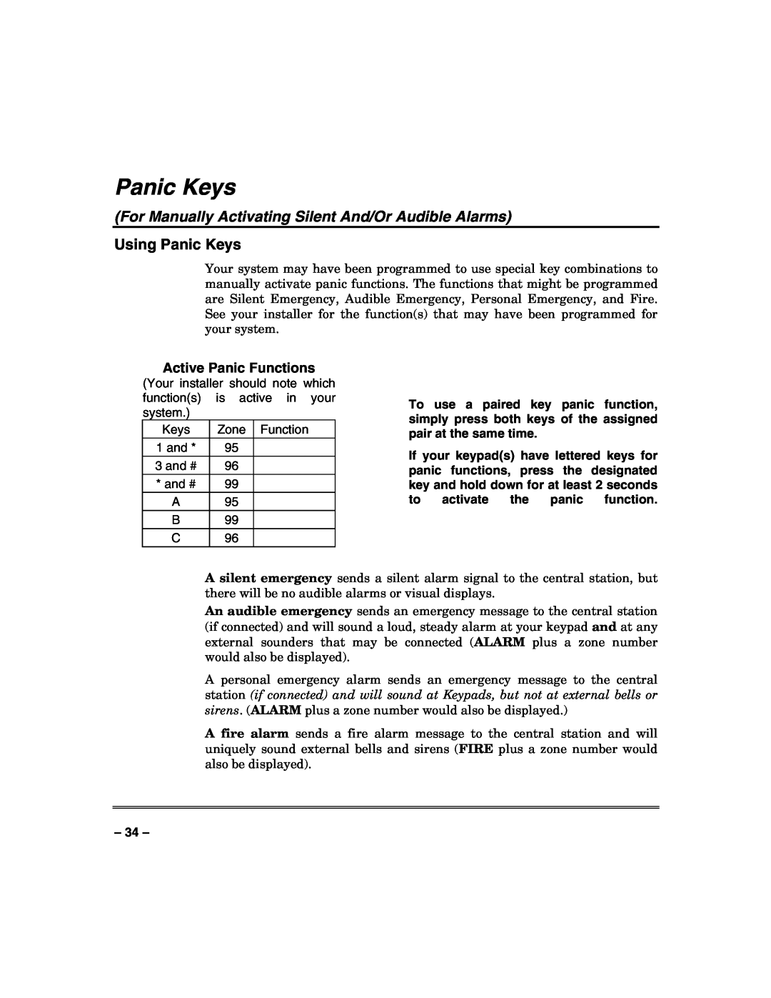 Honeywell N7003V3 manual Using Panic Keys, Active Panic Functions 