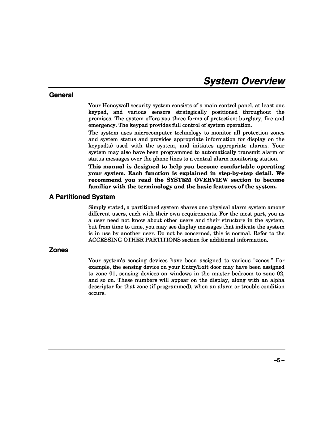 Honeywell N7003V3 manual System Overview, General, A Partitioned System, Zones 