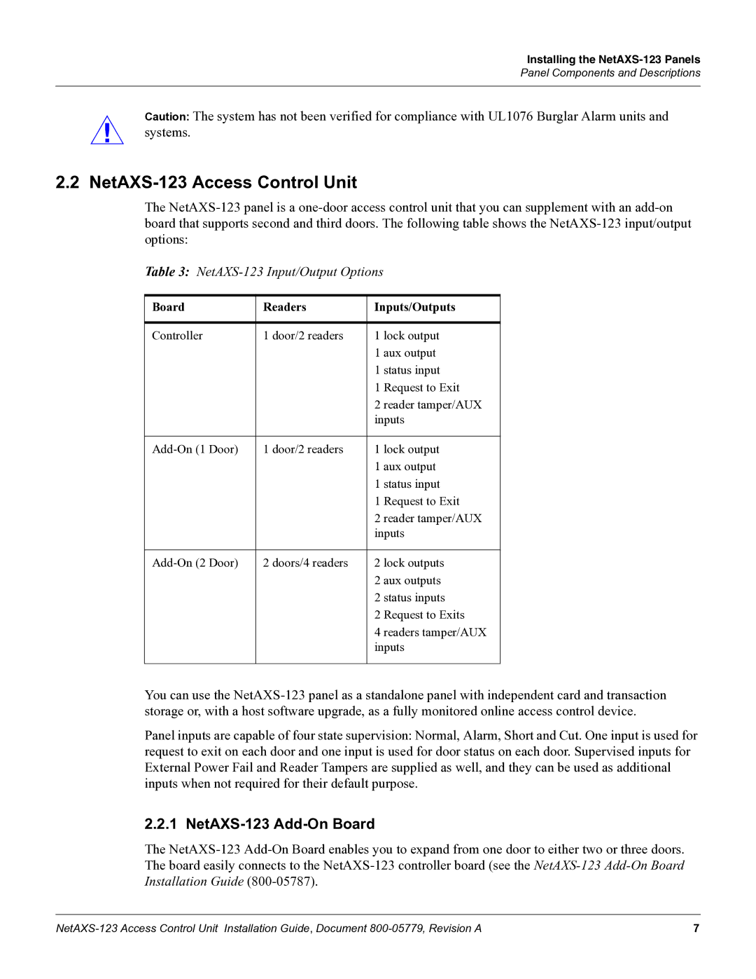 Honeywell NETAXS-123 manual NetAXS-123 Access Control Unit, NetAXS-123 Add-On Board, NetAXS-123 Input/Output Options 