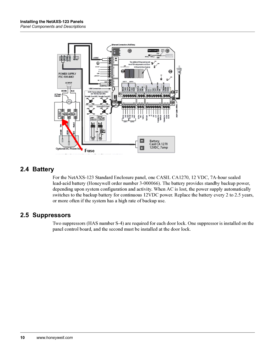 Honeywell NETAXS-123 manual Battery, Suppressors 