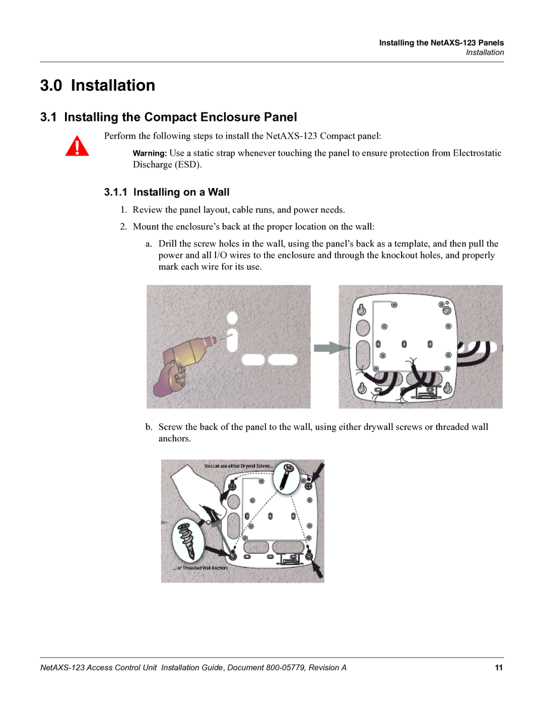 Honeywell NETAXS-123 manual Installation, Installing the Compact Enclosure Panel, Installing on a Wall 