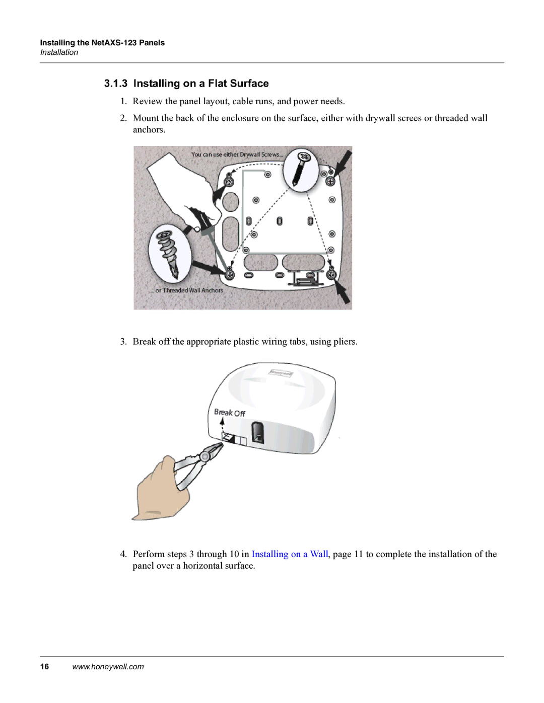 Honeywell NETAXS-123 manual Installing on a Flat Surface 