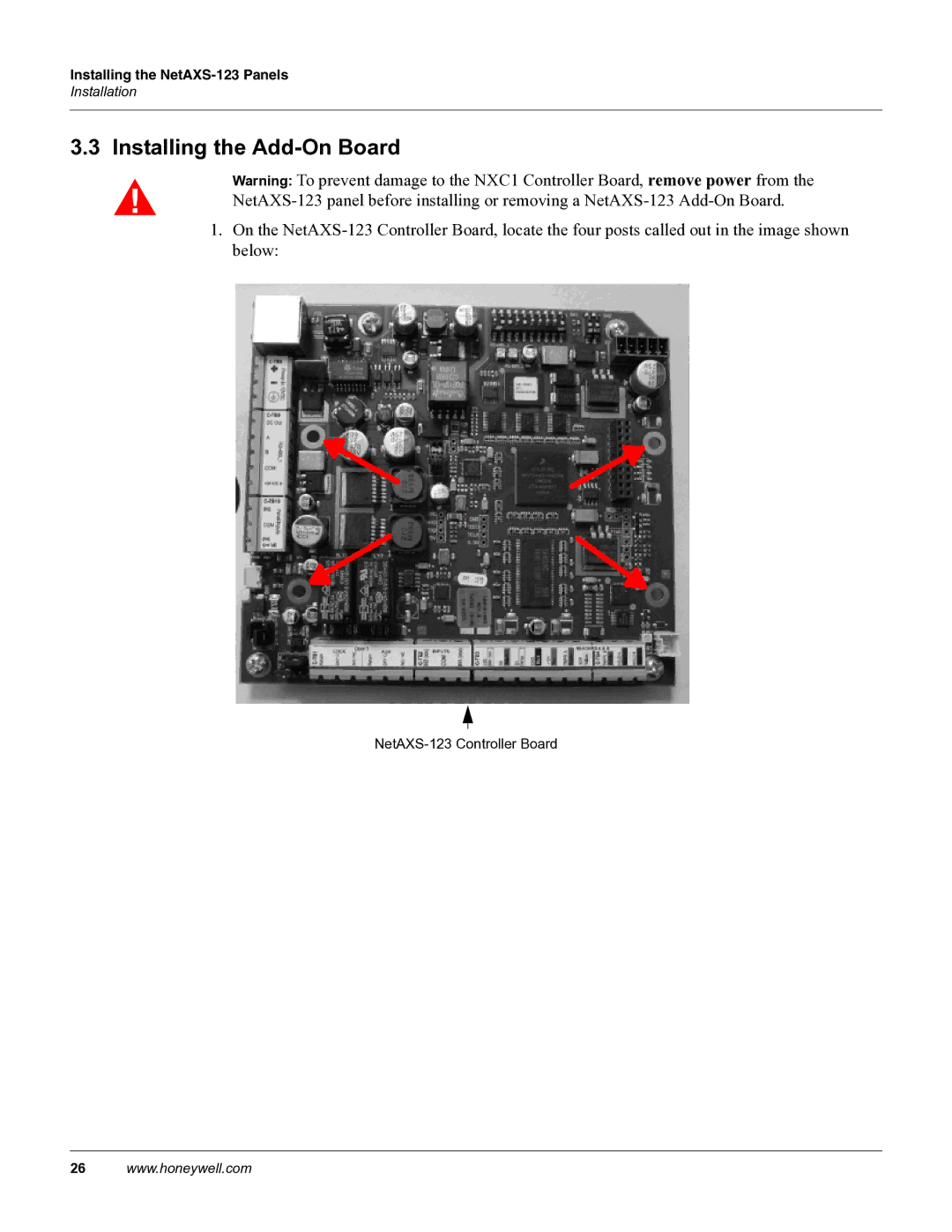 Honeywell NETAXS-123 manual Installing the Add-On Board 