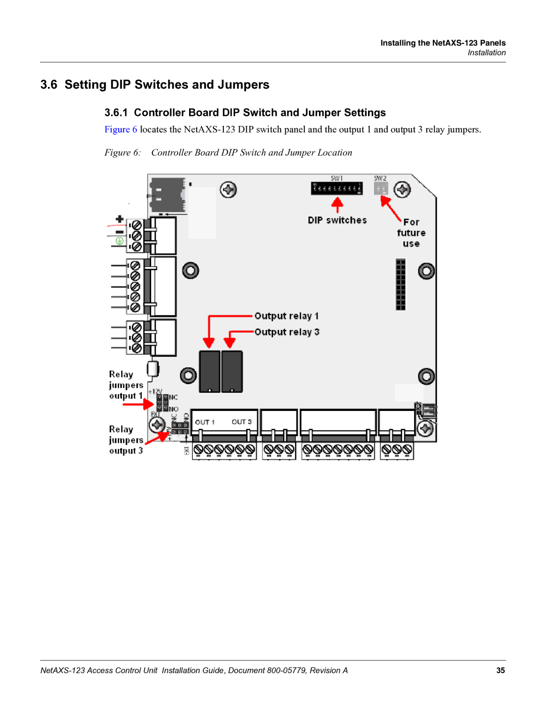 Honeywell NETAXS-123 manual Setting DIP Switches and Jumpers, Controller Board DIP Switch and Jumper Settings 