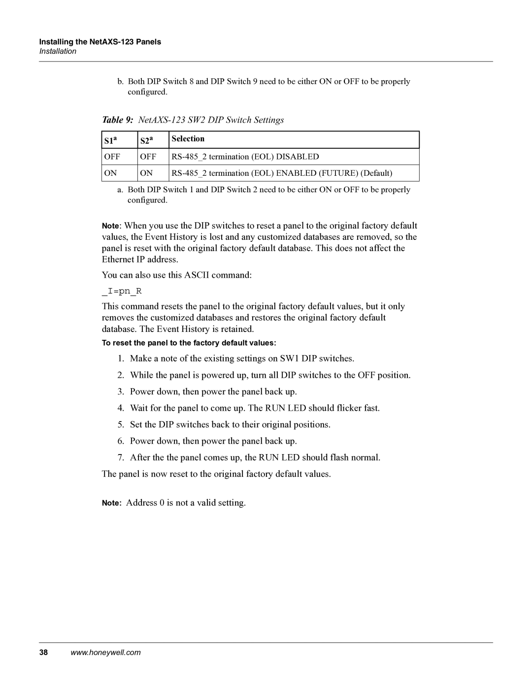 Honeywell NETAXS-123 manual NetAXS-123 SW2 DIP Switch Settings, S1a S2a Selection 
