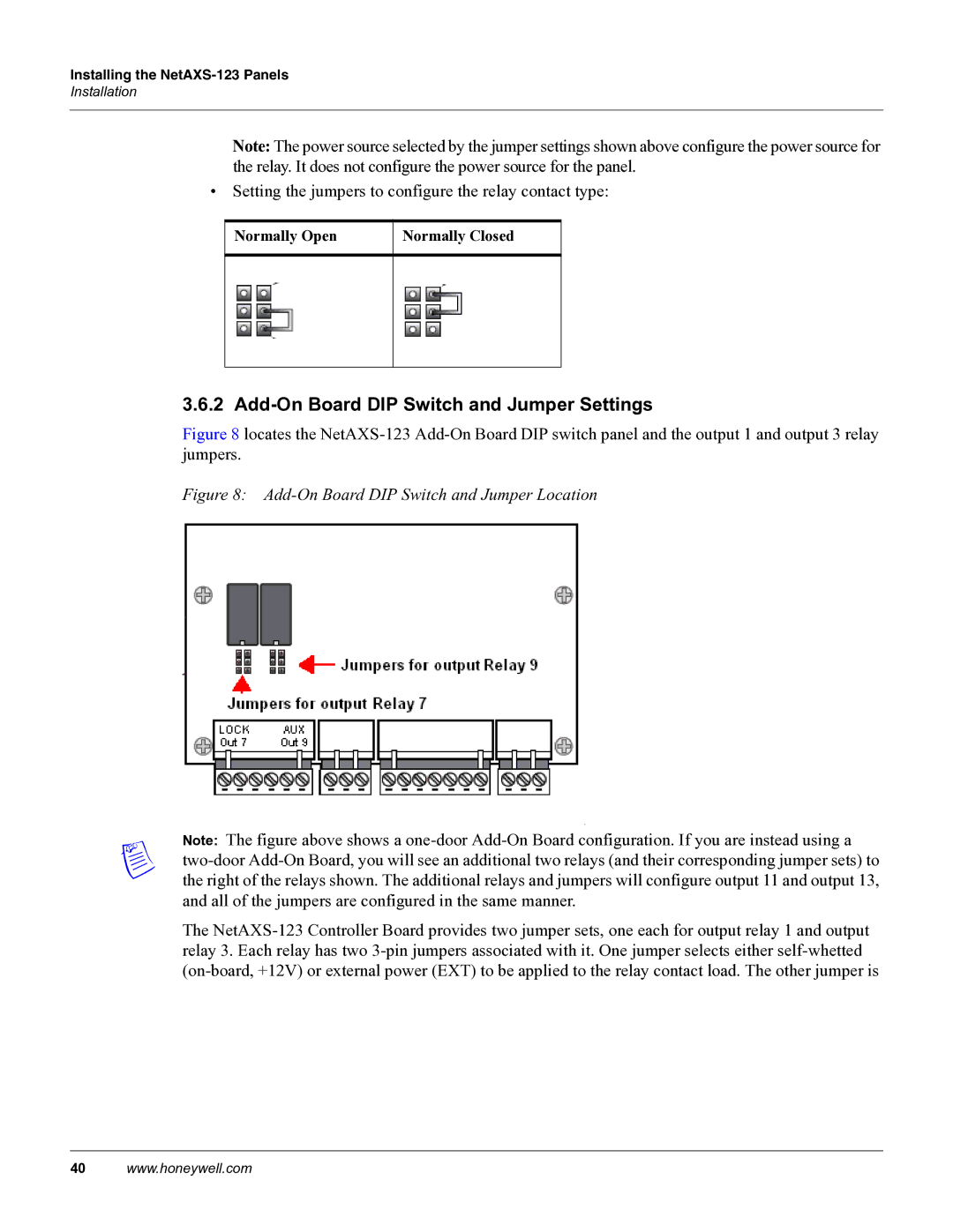 Honeywell NETAXS-123 manual Add-On Board DIP Switch and Jumper Settings, Normally Open Normally Closed 