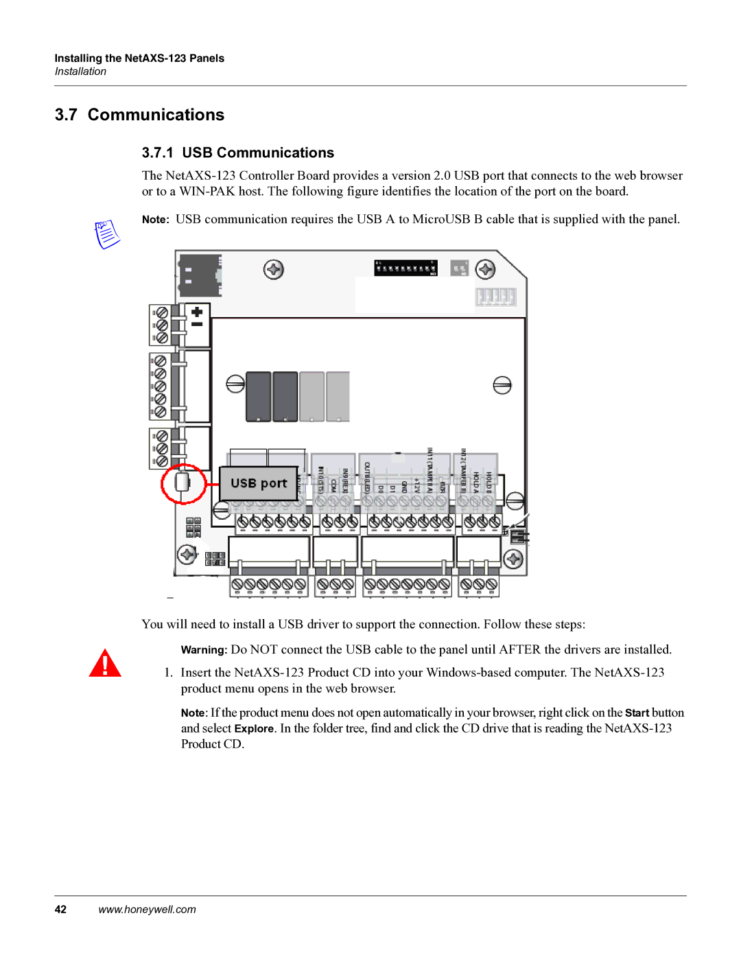 Honeywell NETAXS-123 manual USB Communications 