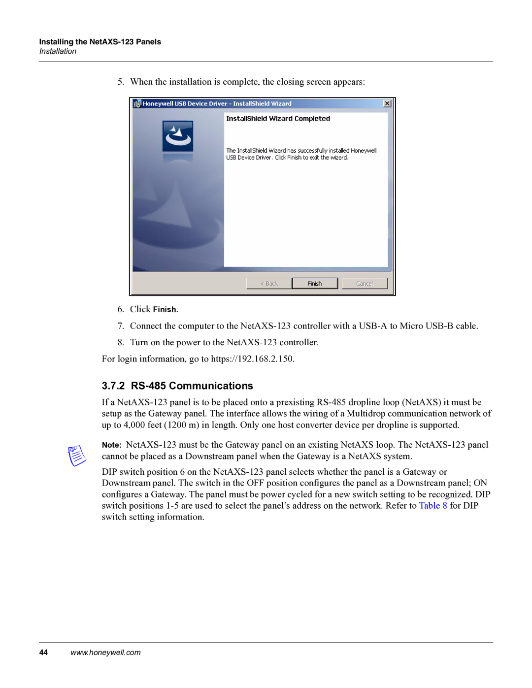 Honeywell NETAXS-123 manual 2 RS-485 Communications 