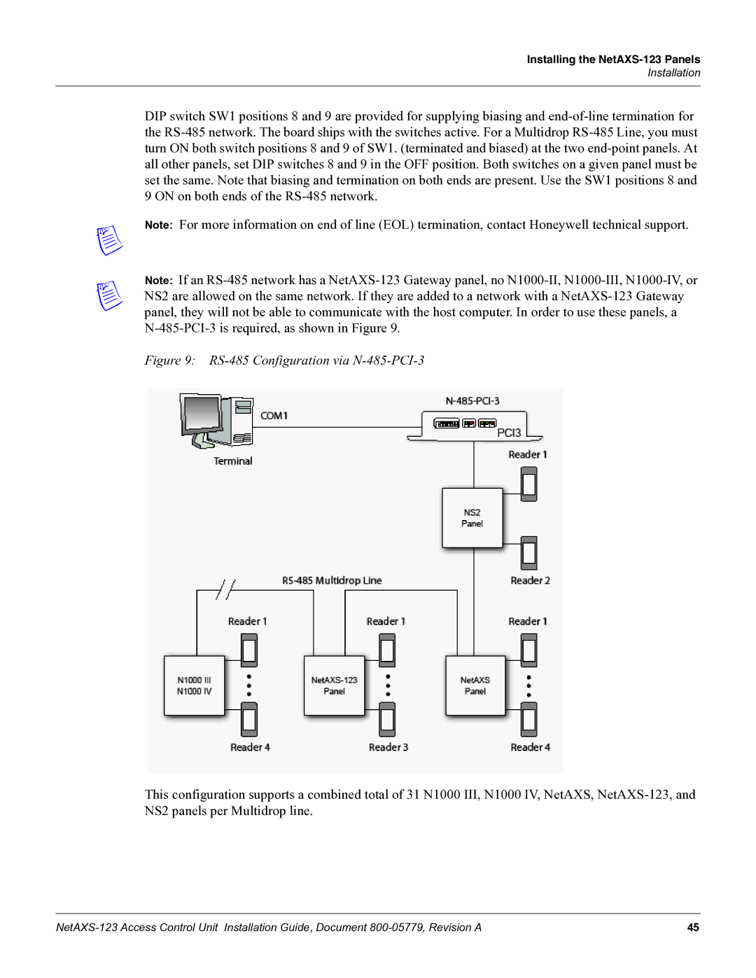 Honeywell NETAXS-123 manual RS-485 Configuration via N-485-PCI-3 