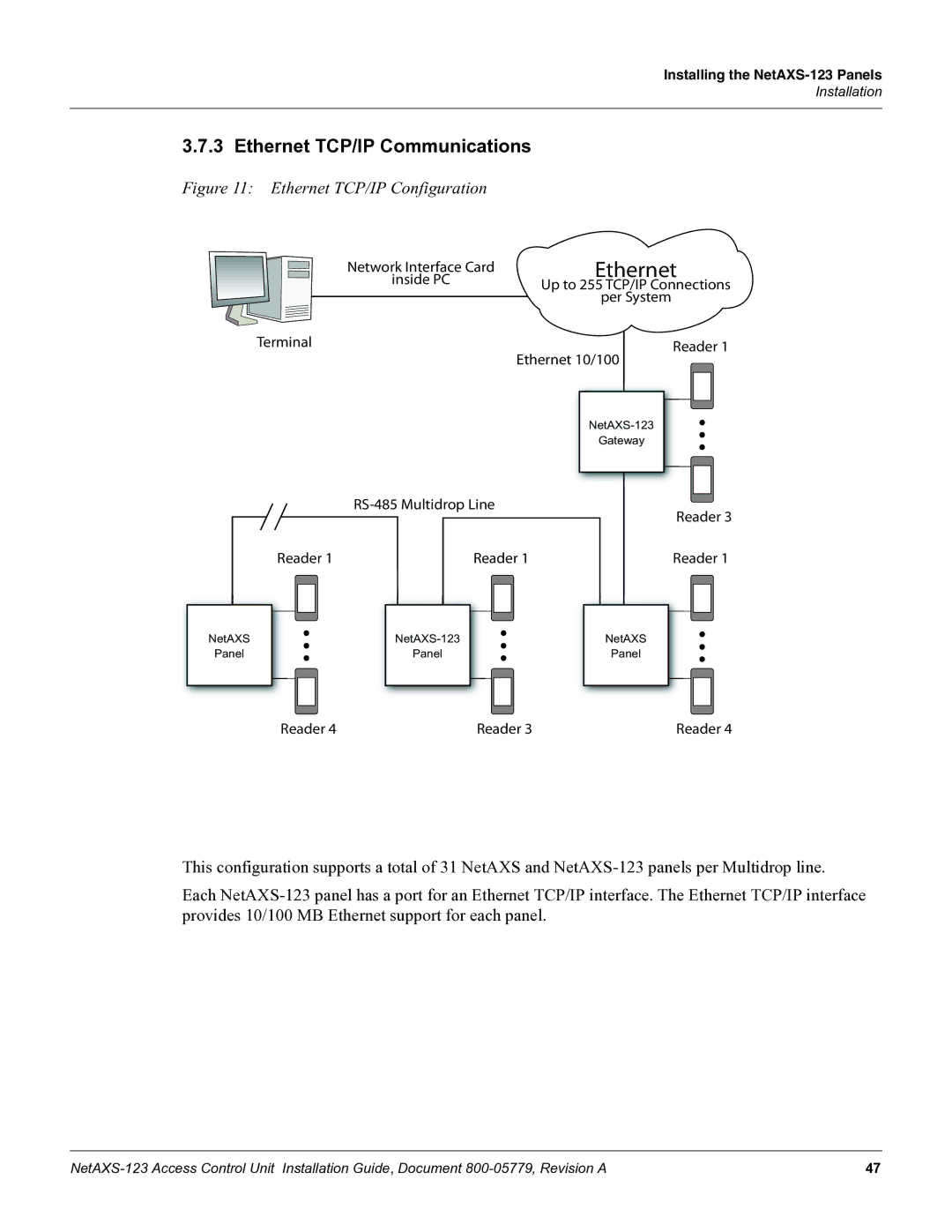 Honeywell NETAXS-123 manual Ethernet TCP/IP Communications, Ethernet TCP/IP Configuration 