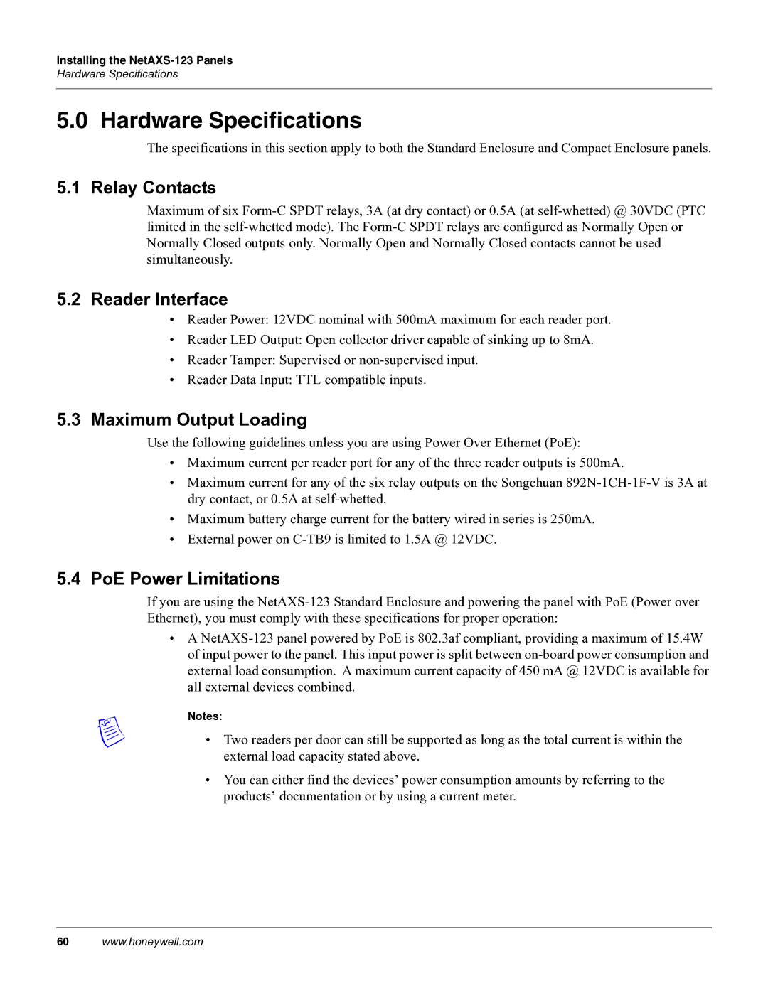 Honeywell NETAXS-123 manual Hardware Specifications, Relay Contacts, Reader Interface, Maximum Output Loading 