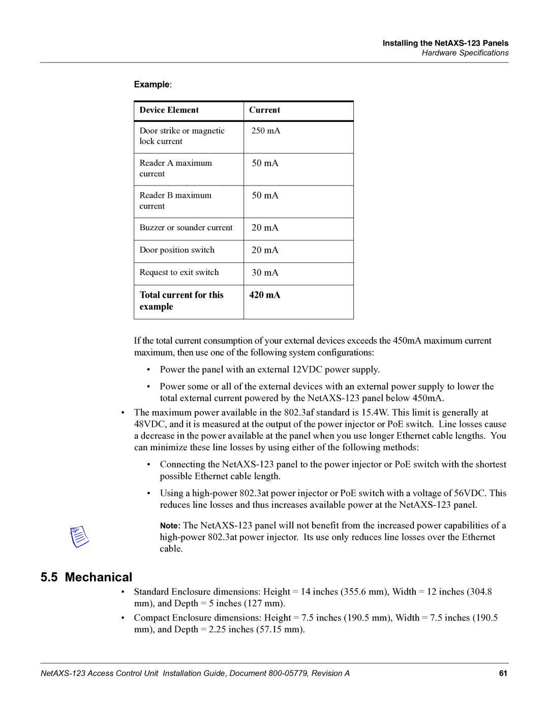 Honeywell NETAXS-123 manual Mechanical, Device Element Current 