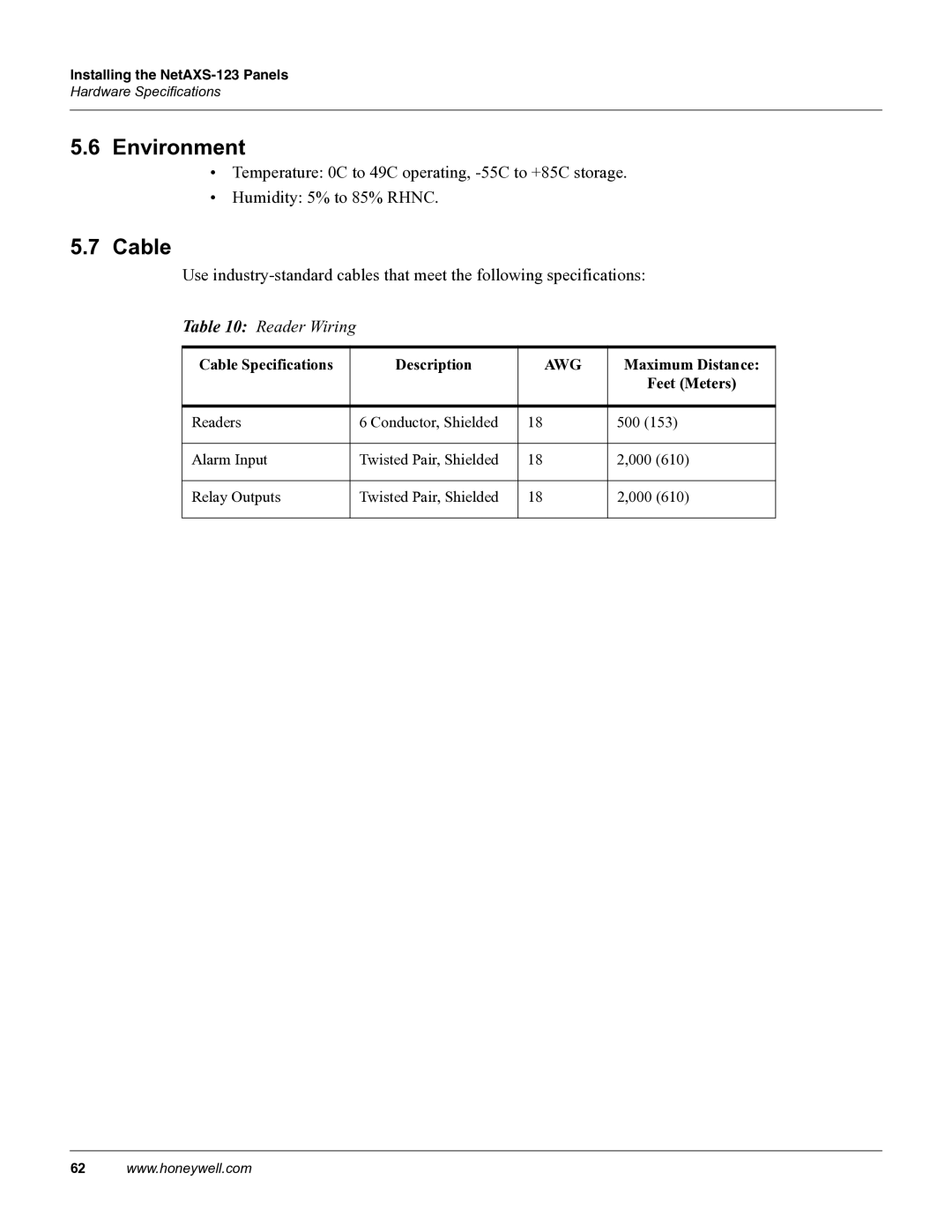 Honeywell NETAXS-123 manual Environment, Cable, Reader Wiring 