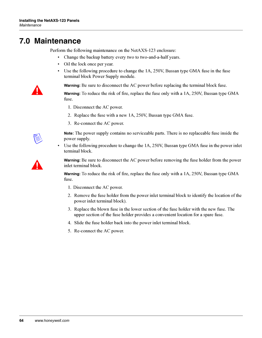 Honeywell NETAXS-123 manual Maintenance 