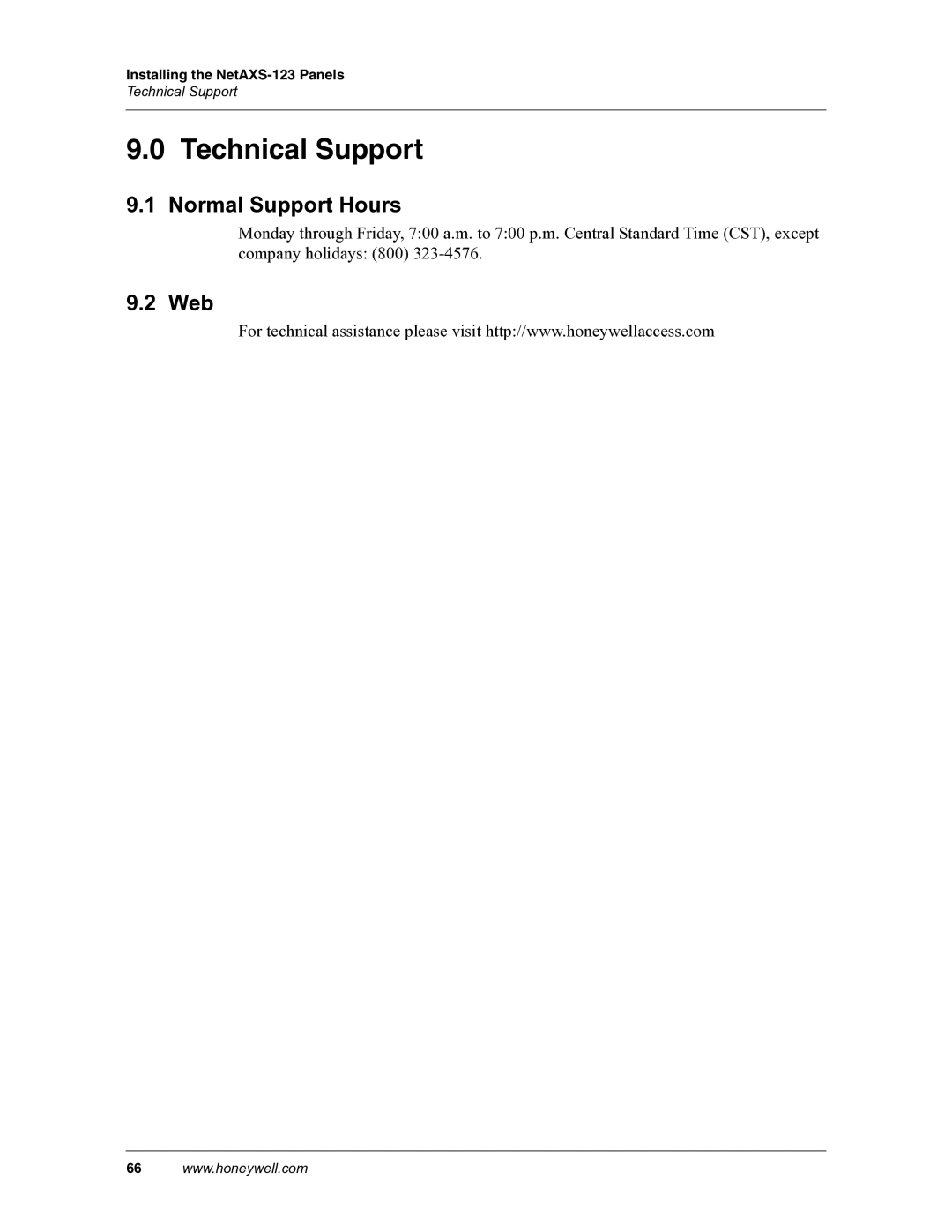 Honeywell NETAXS-123 manual Technical Support, Normal Support Hours, Web 