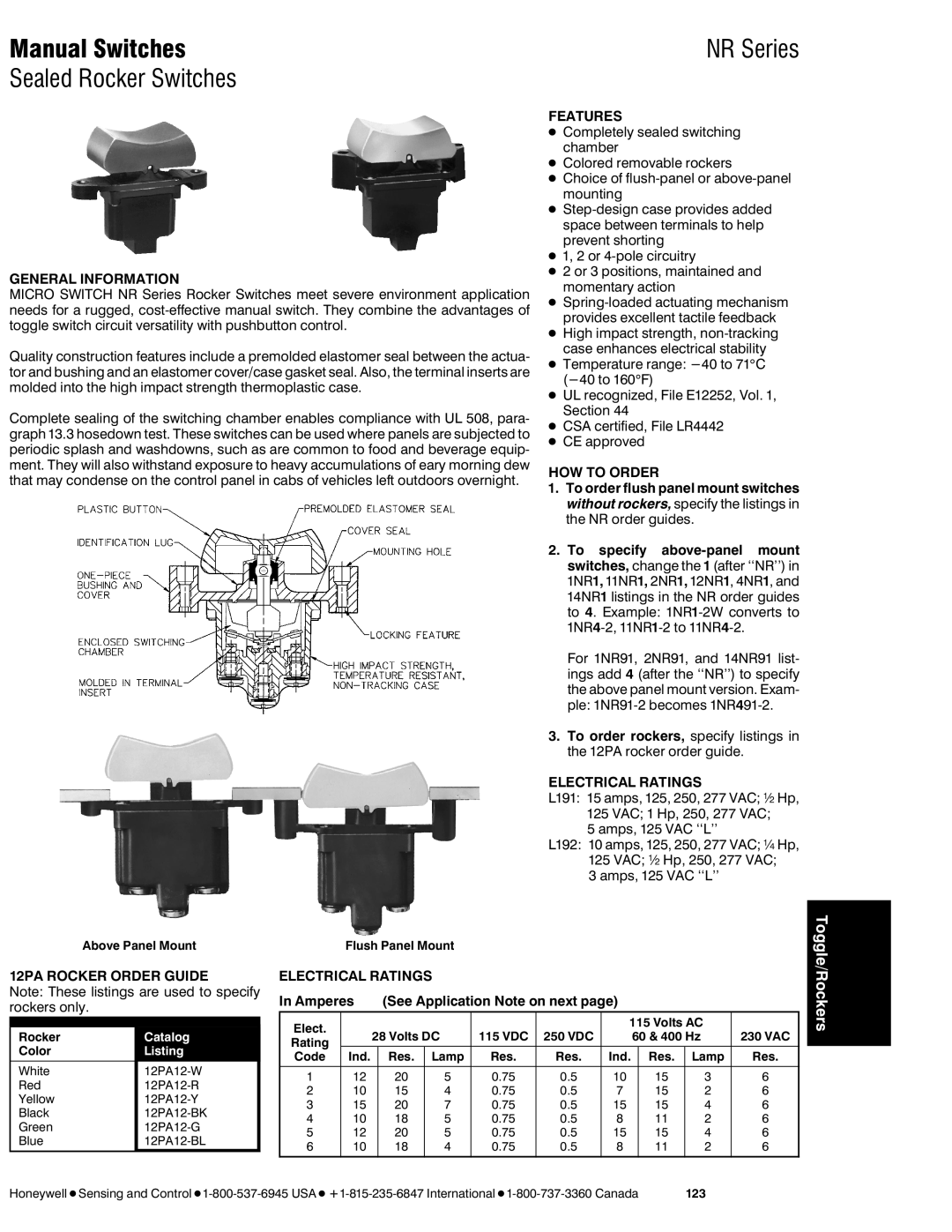 Honeywell NR Series manual Manual Switches, Sealed Rocker Switches 