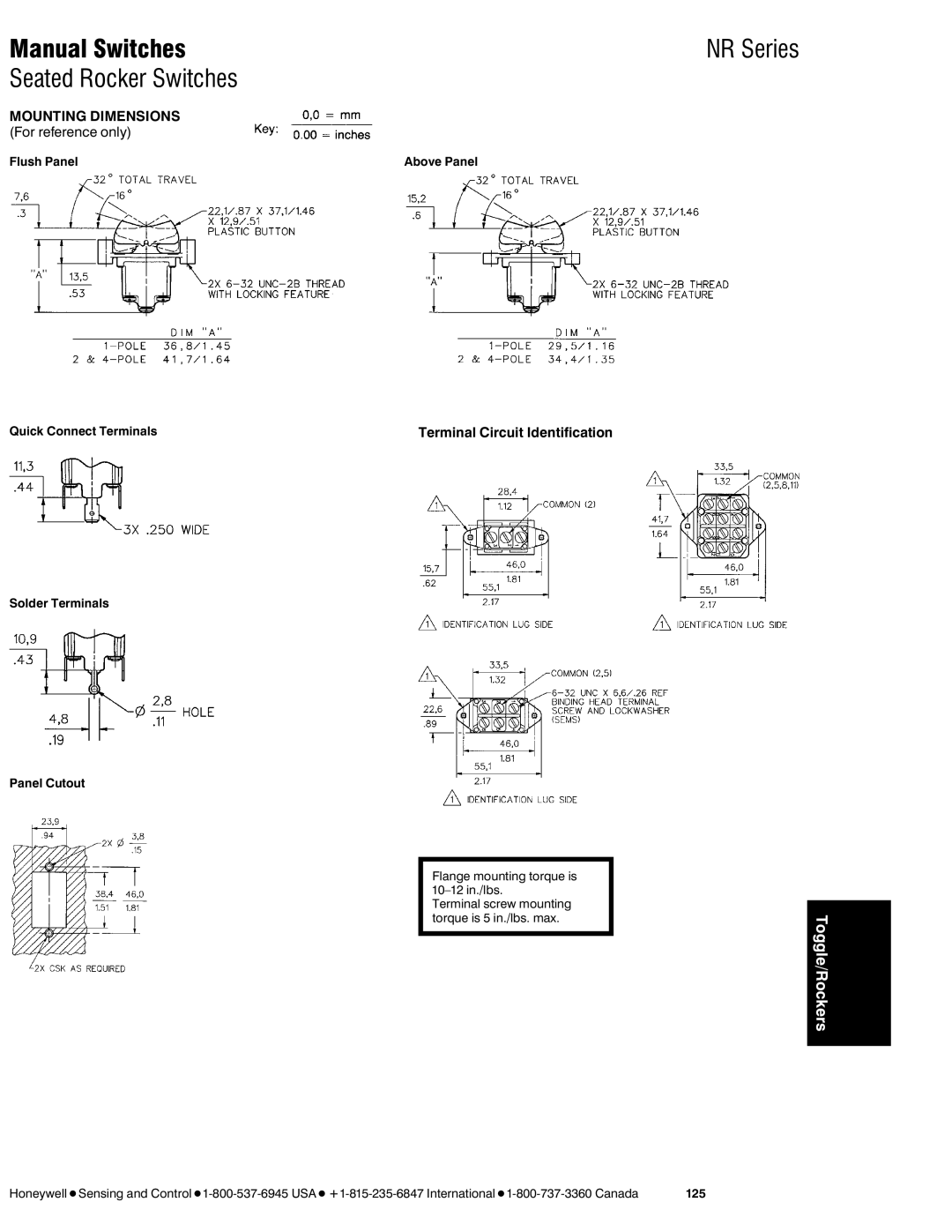 Honeywell NR Series manual Seated Rocker Switches, Mounting Dimensions, Terminal Circuit Identification 