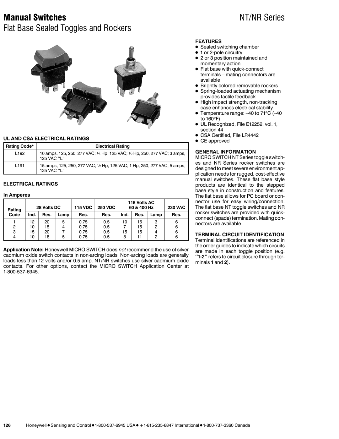 Honeywell manual Flat Base Sealed Toggles and Rockers, NT/NR Series, UL and CSA Electrical Ratings, Amperes 