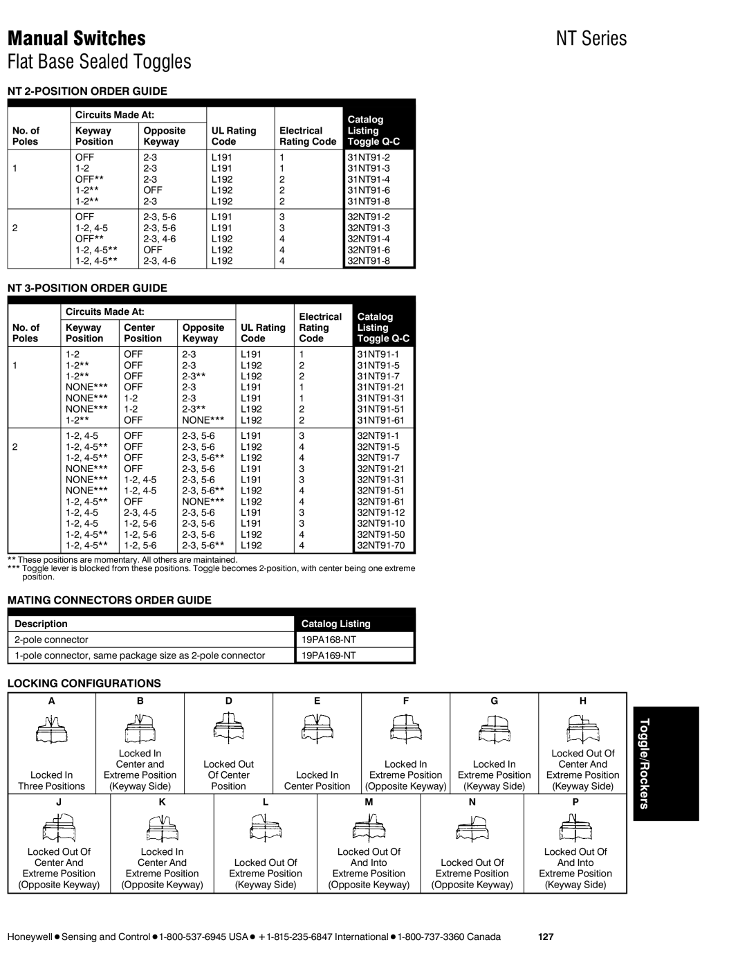 Honeywell NR Series manual NT 2-POSITION Order Guide, NT 3-POSITION Order Guide, Mating Connectors Order Guide 