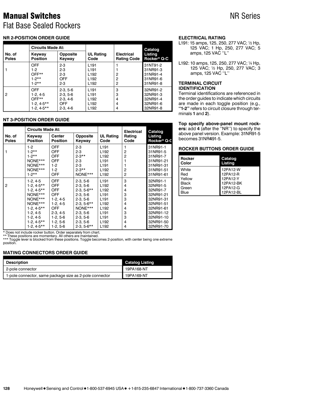 Honeywell NR Series Flat Base Sealed Rockers, NR 2-POSITION Order Guide, Electrical Rating, Rocker Buttons Order Guide 