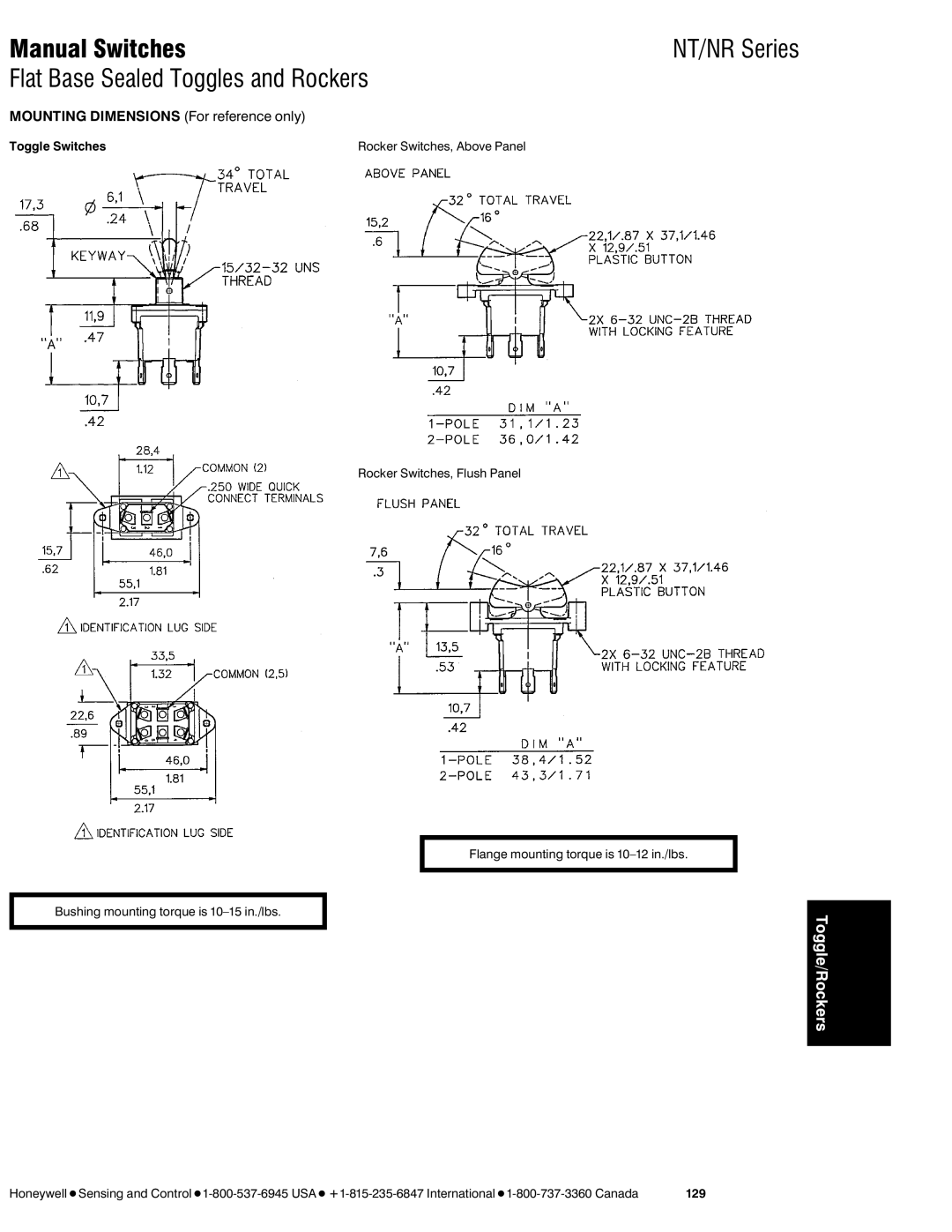 Honeywell NR Series manual Flat Base Sealed Toggles and Rockers, Mounting Dimensions For reference only, 129 