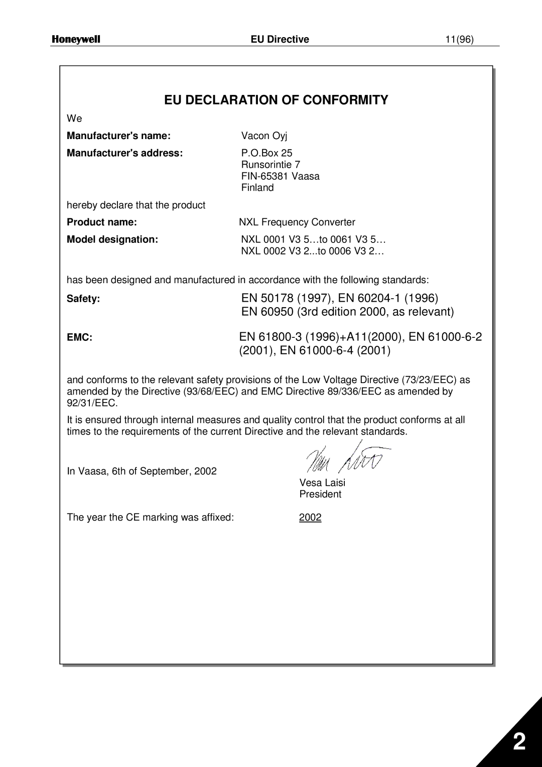 Honeywell NXL user manual EU Directive 1196, Manufacturers name, Manufacturers address, Product name, Model designation 