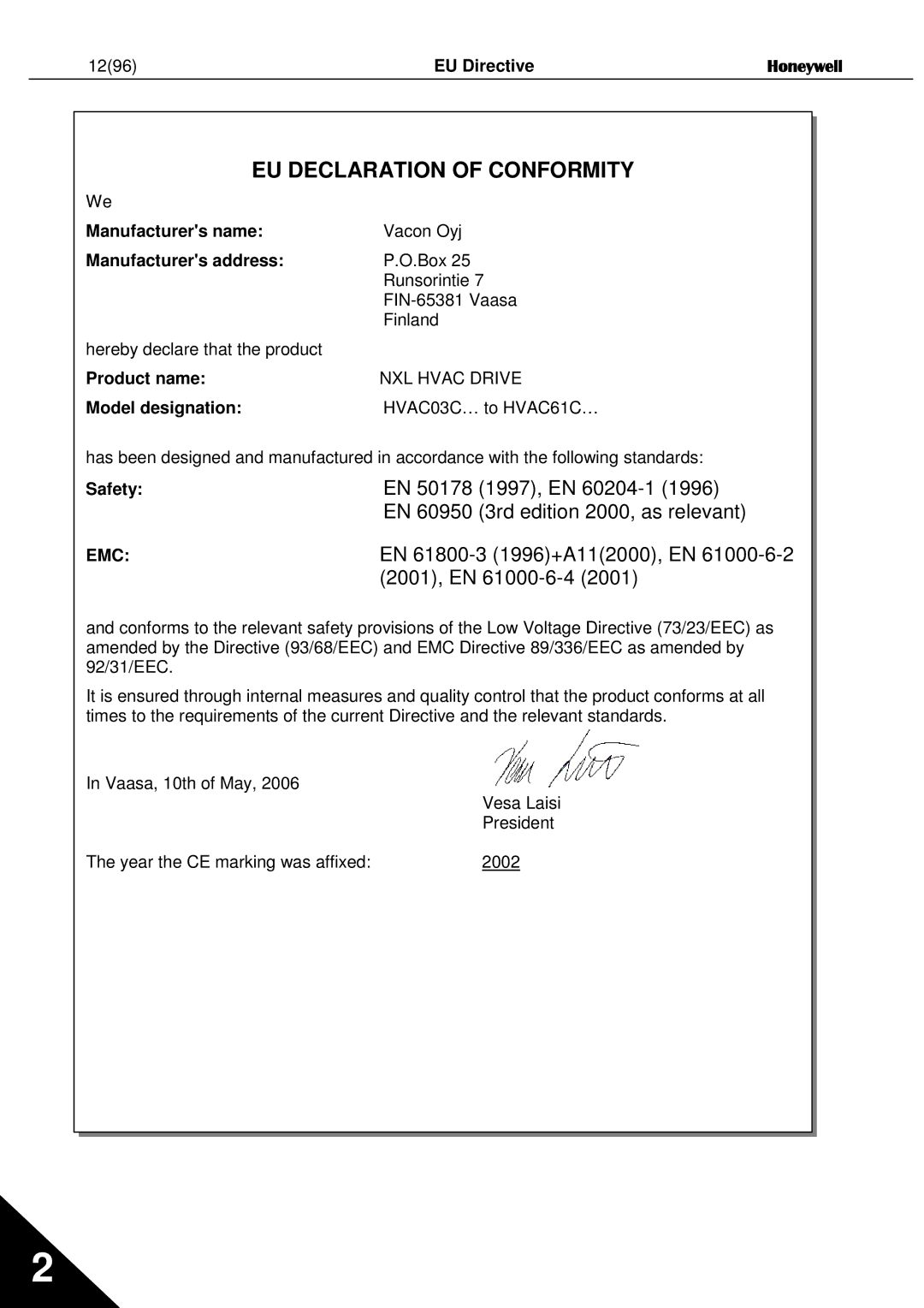 Honeywell NXL user manual EU Directive Honeywell 