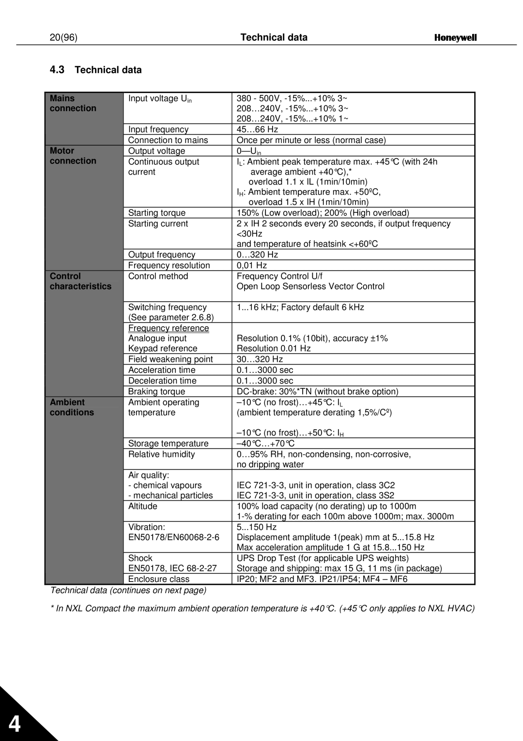 Honeywell NXL user manual Technical data Honeywell 