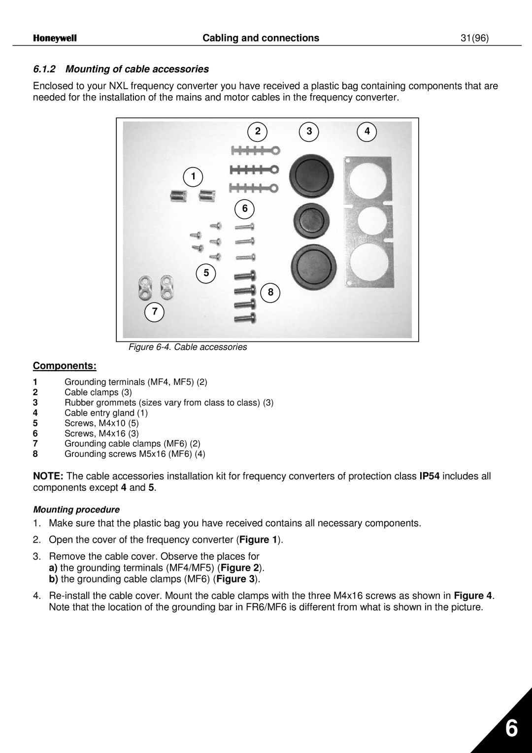 Honeywell NXL user manual Cabling and connections 3196, Mounting of cable accessories, Components 