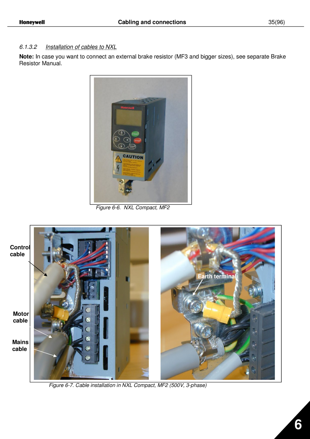 Honeywell Cabling and connections 3596, Installation of cables to NXL, Control cable, Motor cable Mains cable 