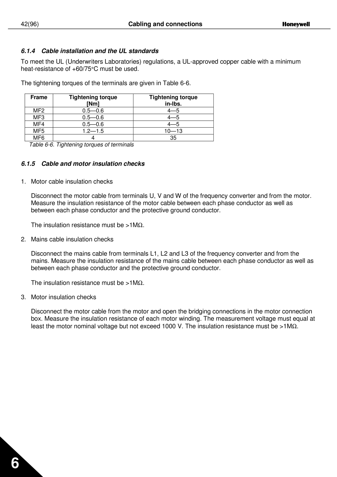 Honeywell NXL Cabling and connections Honeywell, Cable installation and the UL standards, Frame Tightening torque In-lbs 