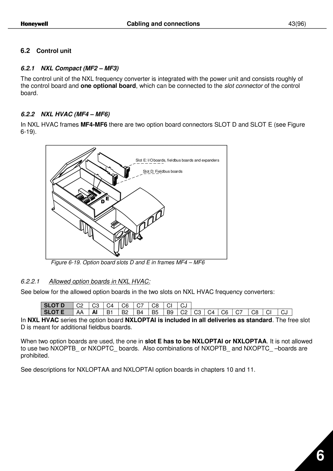 Honeywell user manual Cabling and connections 4396 Control unit, NXL Compact MF2 MF3, Allowed option boards in NXL Hvac 