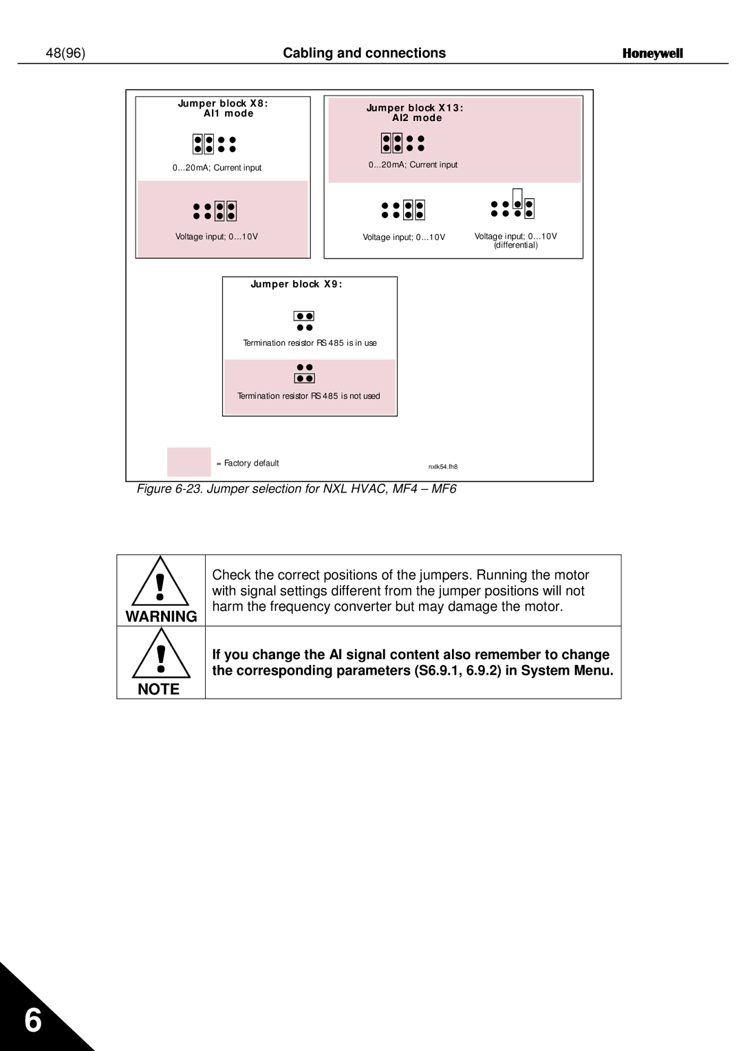 Honeywell NXL user manual Cabling and connections Honeywell, Jumper block X 