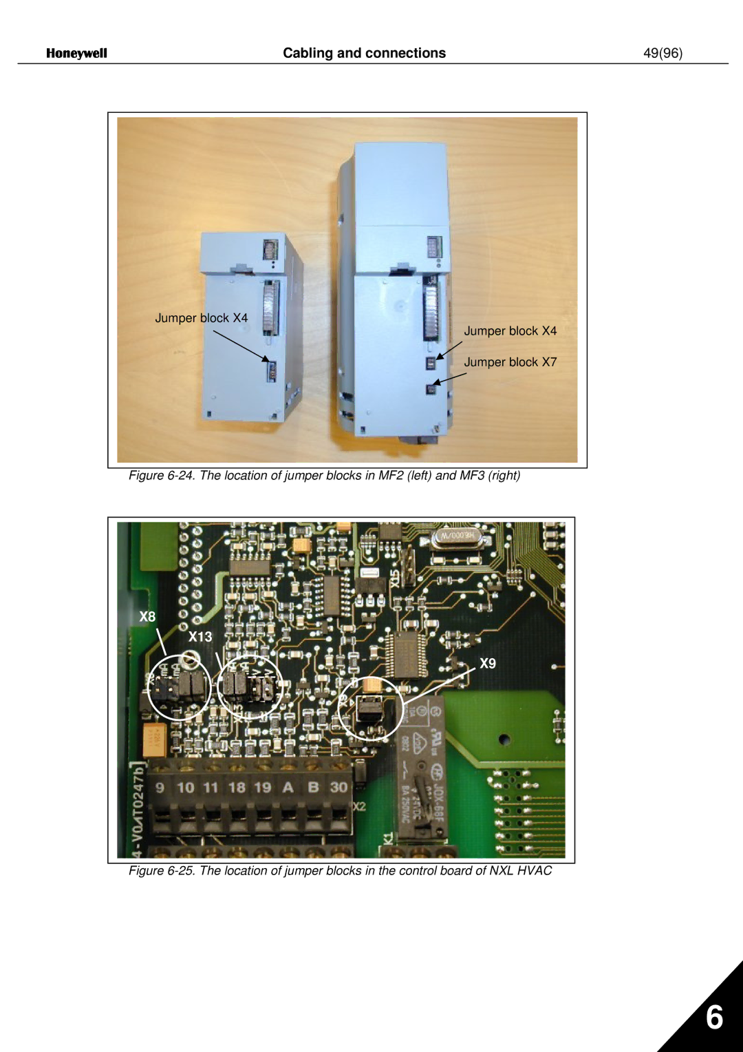 Honeywell NXL user manual Cabling and connections 4996, The location of jumper blocks in MF2 left and MF3 right 