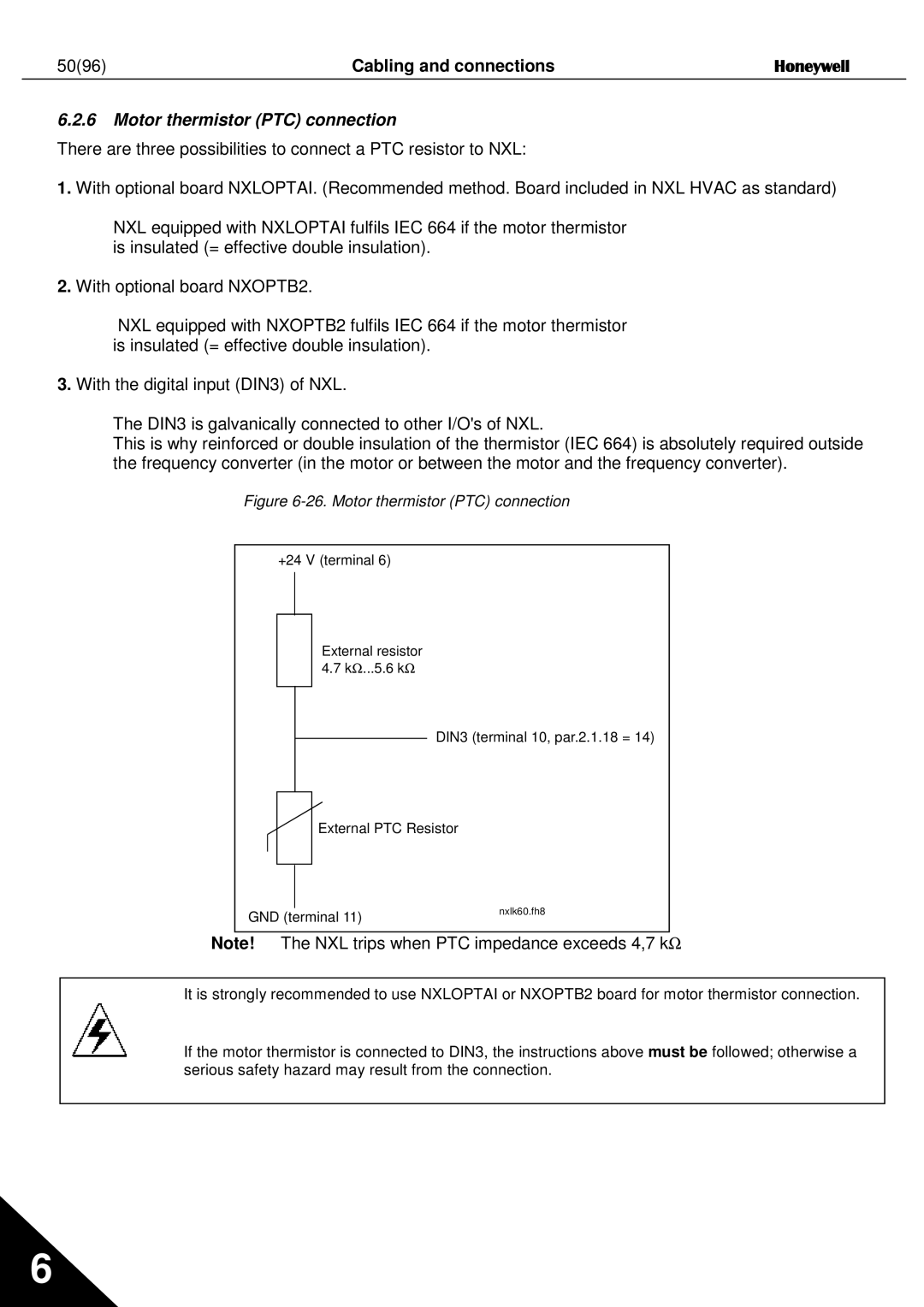 Honeywell NXL user manual Cabling and connections Honeywell, Motor thermistor PTC connection 