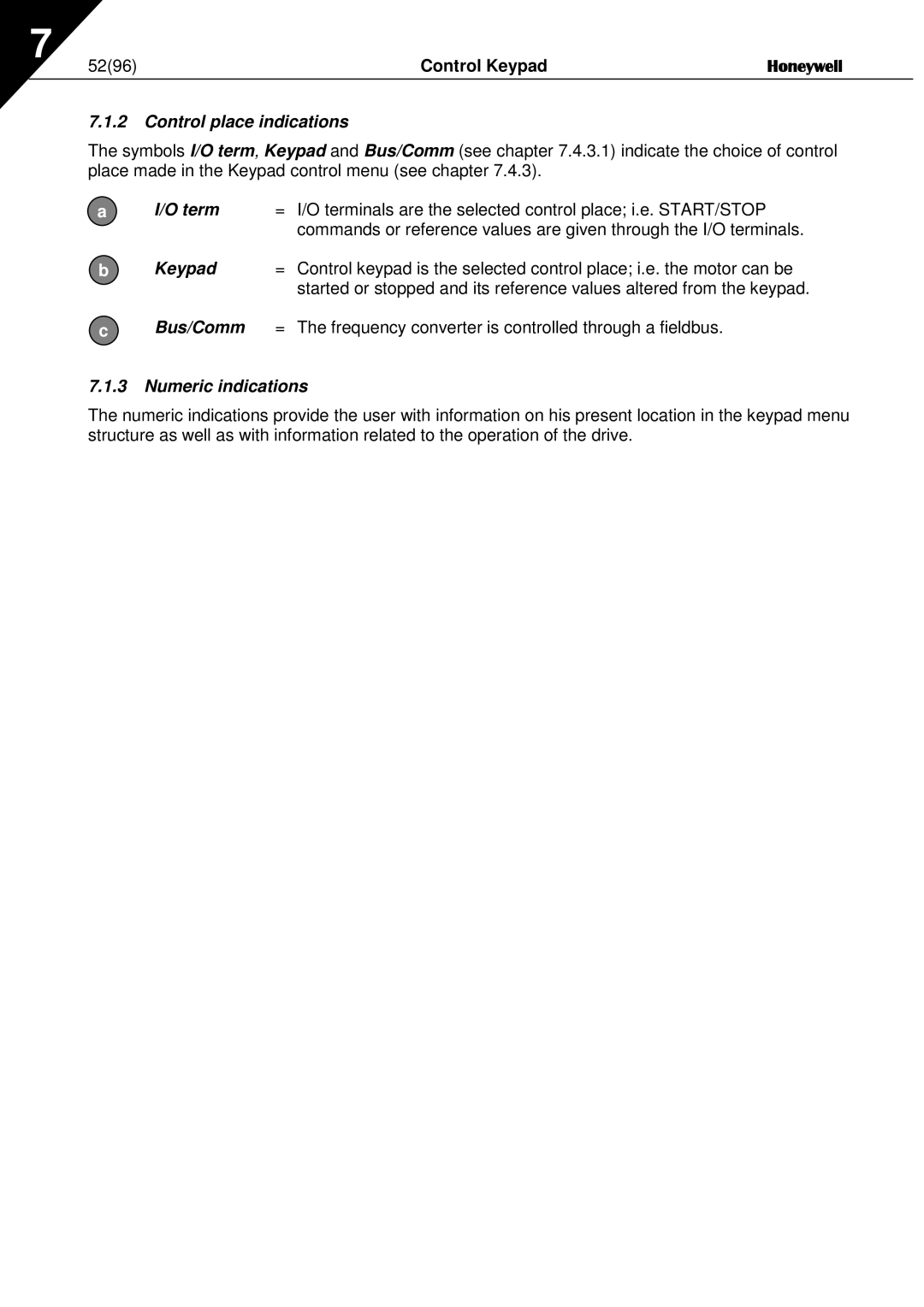 Honeywell NXL user manual Control Keypad, Control place indications, Numeric indications 